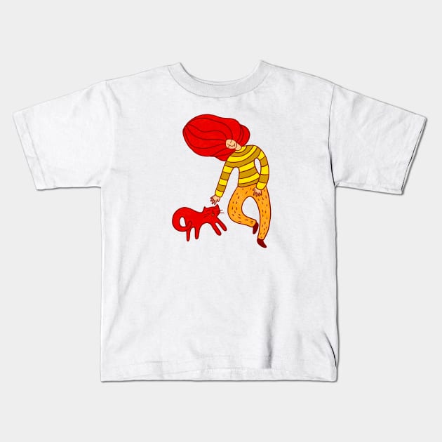 Cool girl with red hair and red cat walking, version 1 Kids T-Shirt by iulistration